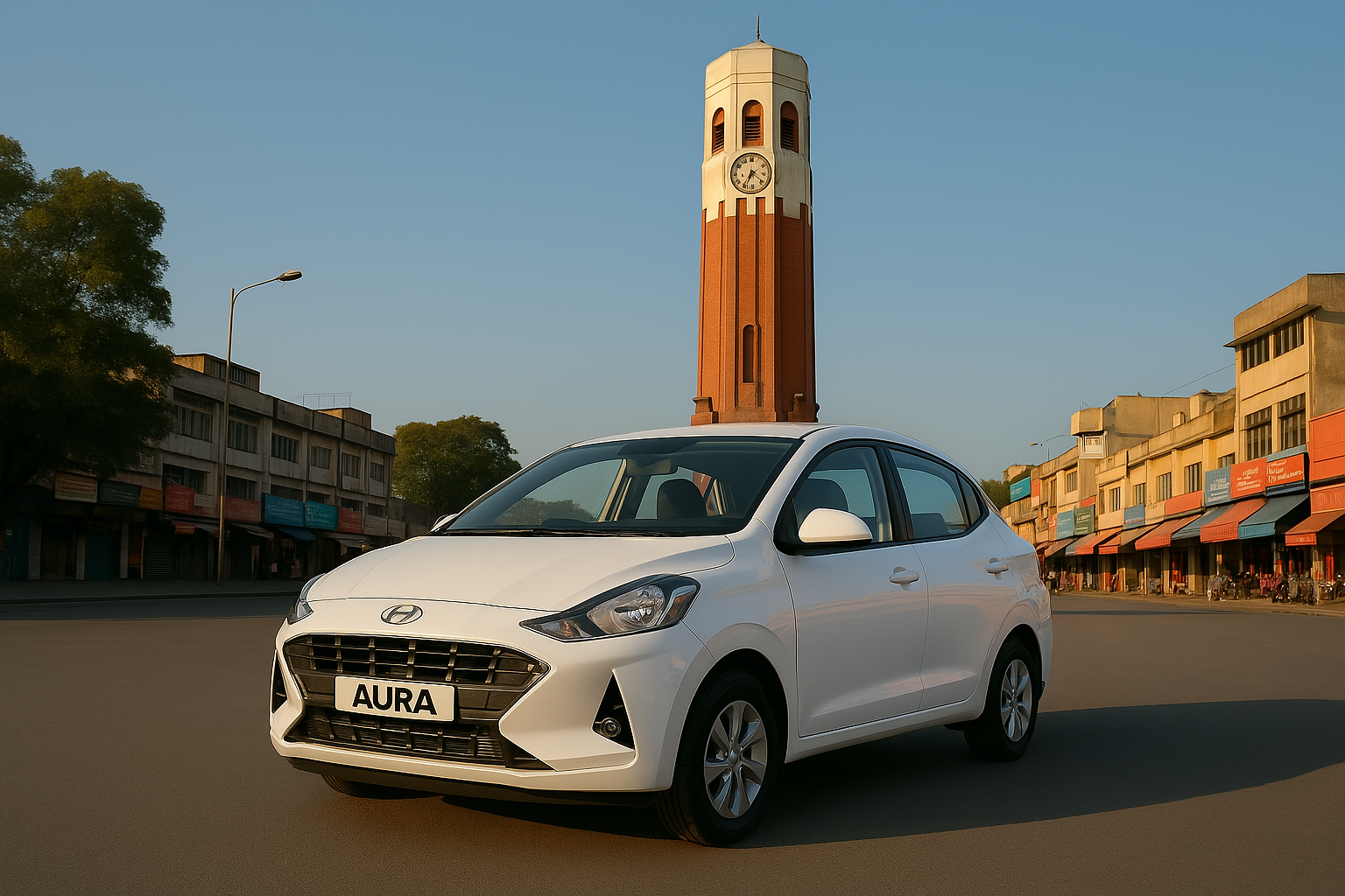 Edit the existing image to change the color of the Aura taxi to white while keeping all other elements including the Ghantaghar Clock Tower in Dehradun unchanged